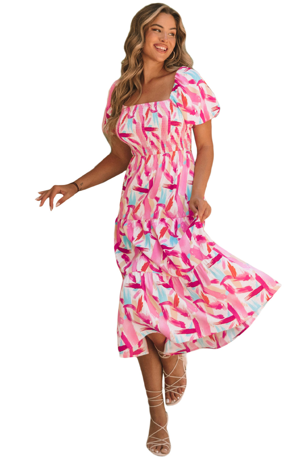 Pink Brush Stroke Printed Smocked Ruffle Tiered Dress - loveforevers