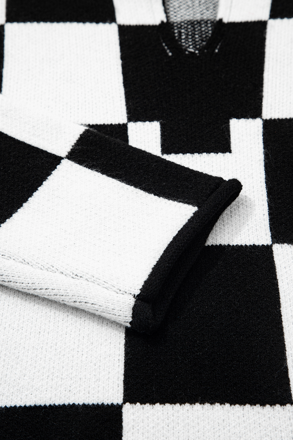 Black Checked Notched Neckline Drop Shoulder Knit Sweater - loveforevers