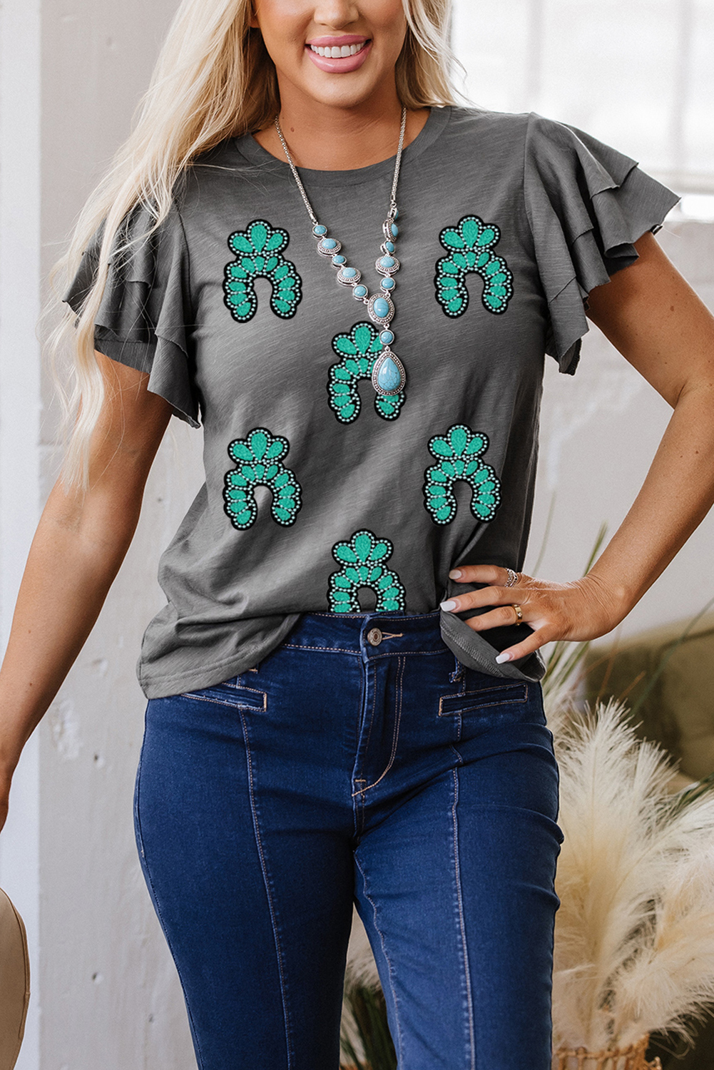Dark Grey Sequin Turquoise Pattern Ruffle Sleeve Cowgirl Tee - loveforevers