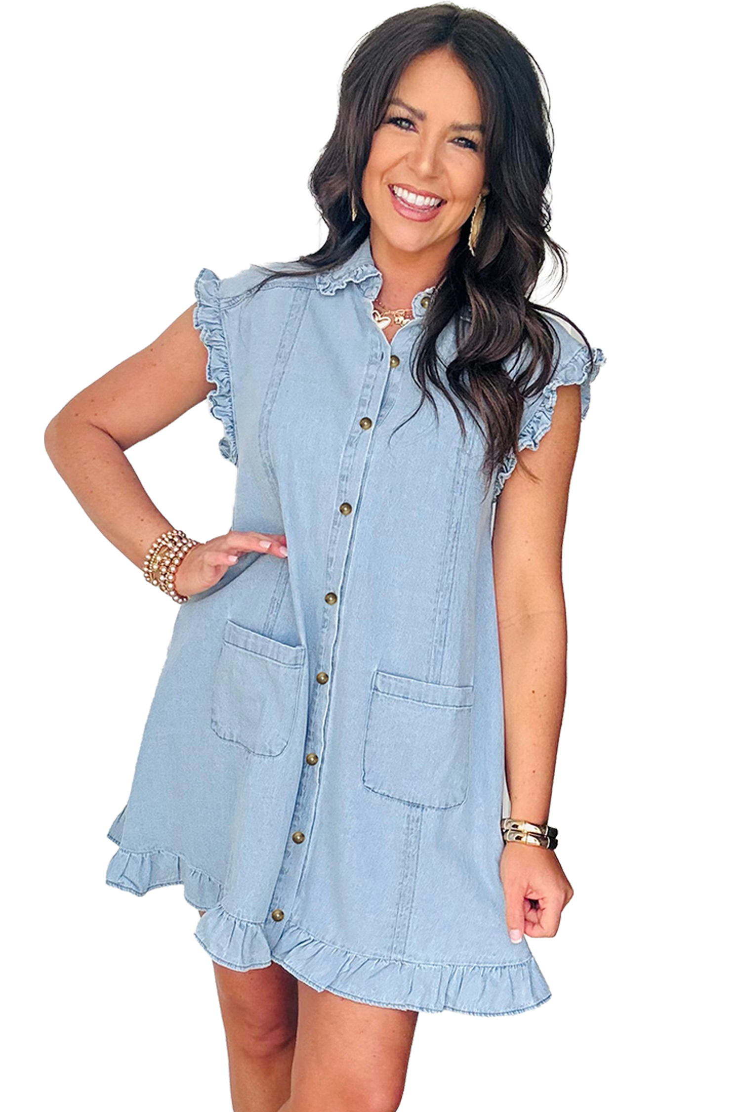 Beau Blue Ruffled Edge Collared Shift Denim Dress with Pockets - loveforevers