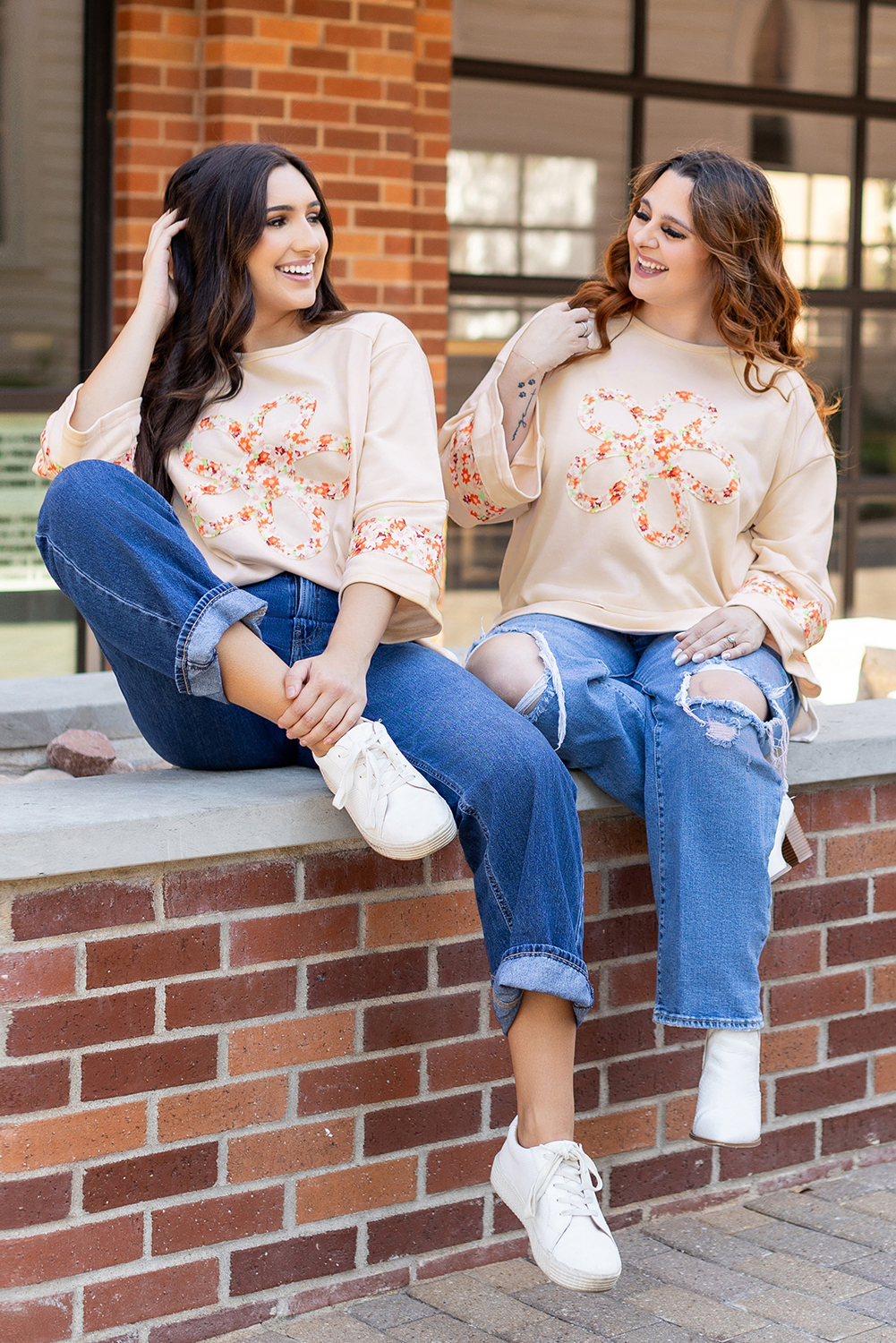 Beige Flower Patch Graphic Exposed Seam Wide Sleeve Top - loveforevers