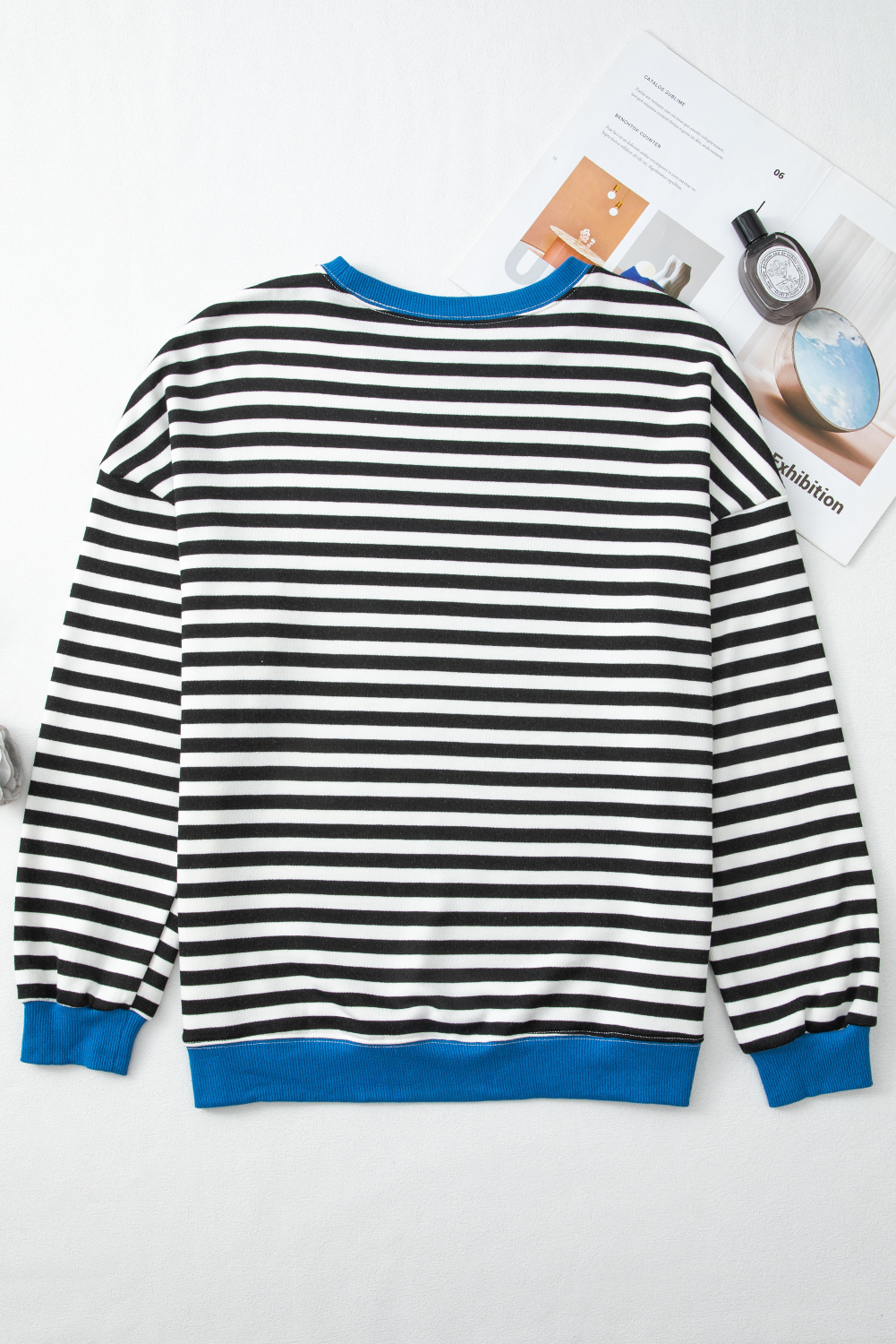 Red Stripe Contrast Ribbed Trim Crossed Stitch Drop Shoulder Sweatshirt - loveforevers