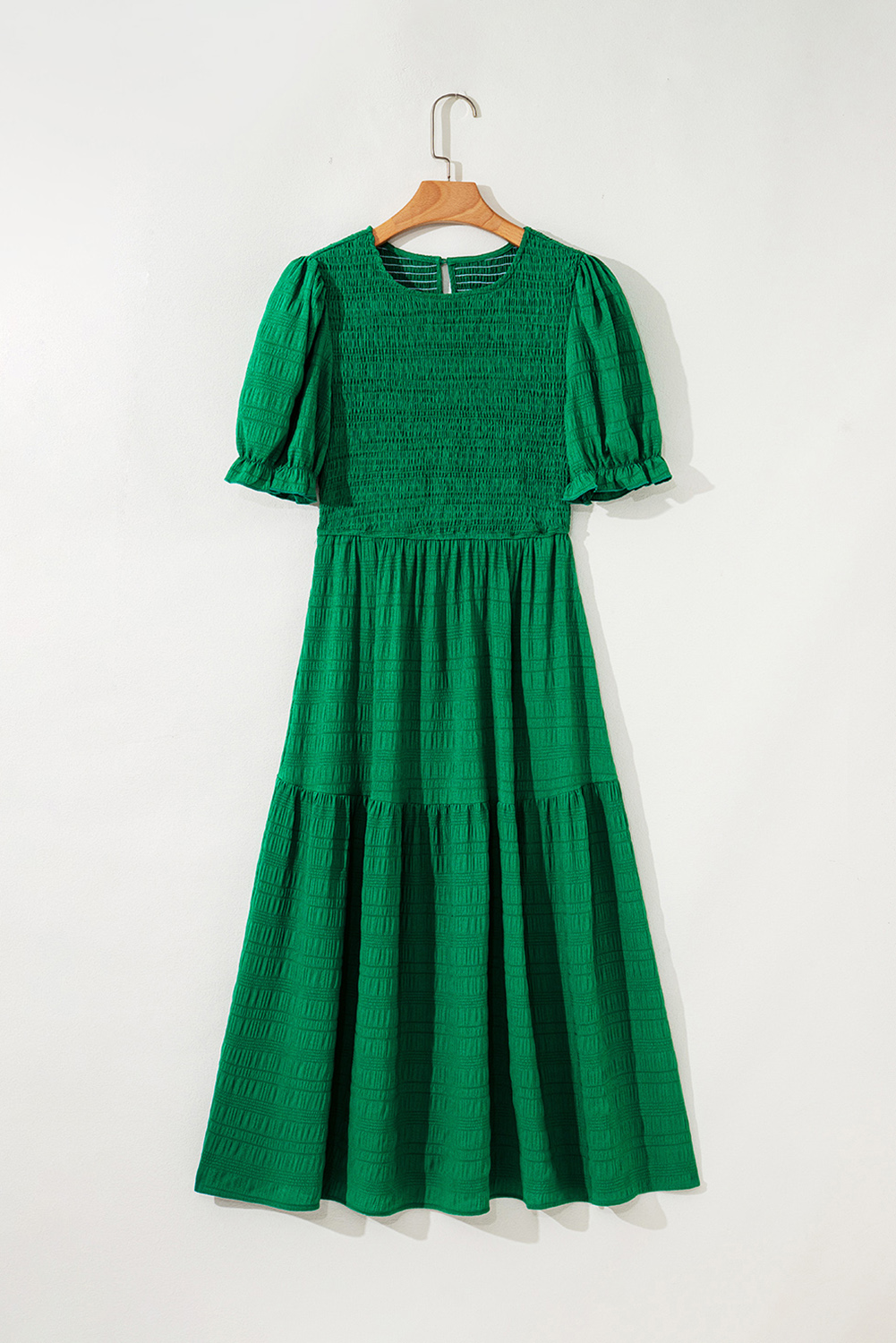 Dark Green Textured Ruffled Sleeve Round Neck Top - loveforevers