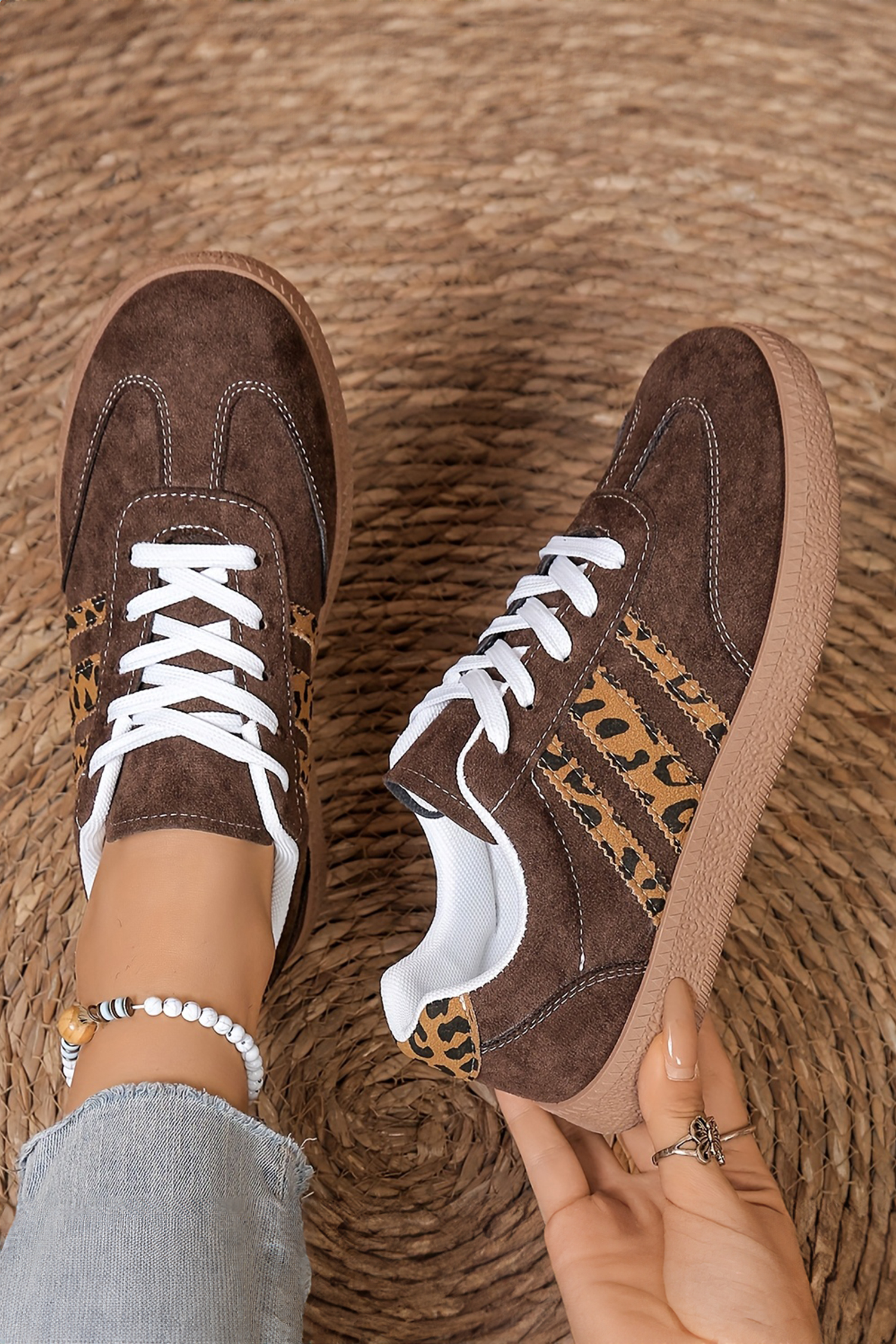 Coffee Contrast Lace-up Leopard Patchwork Detail Faux Suede Shoes - loveforevers