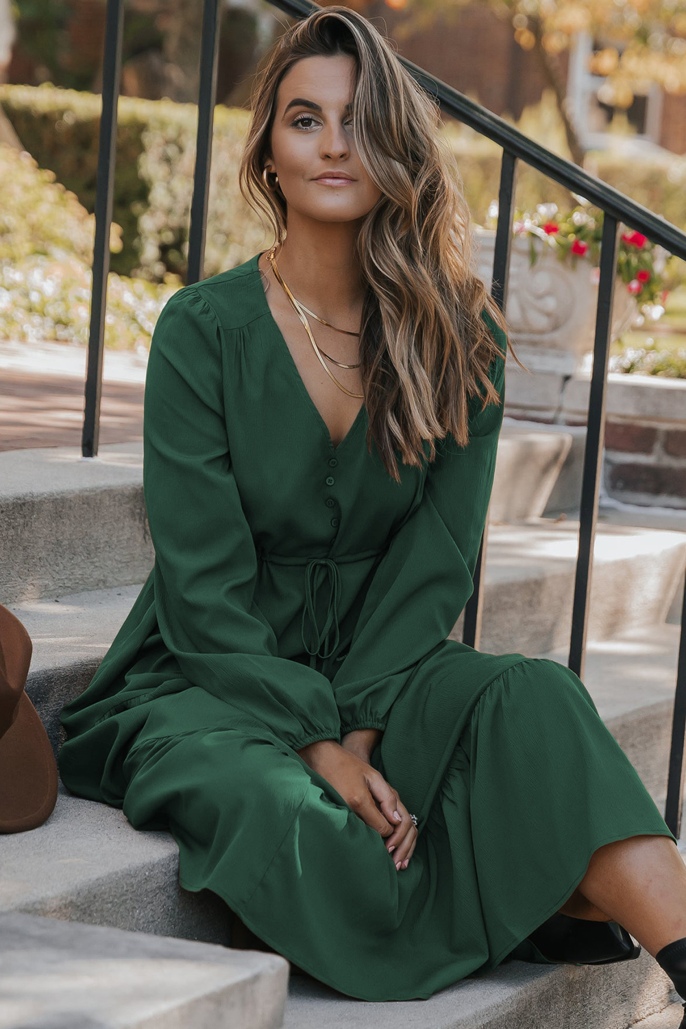 Blackish Green Solid Long Sleeve Button V Neck Tiered Maxi Dress - loveforevers