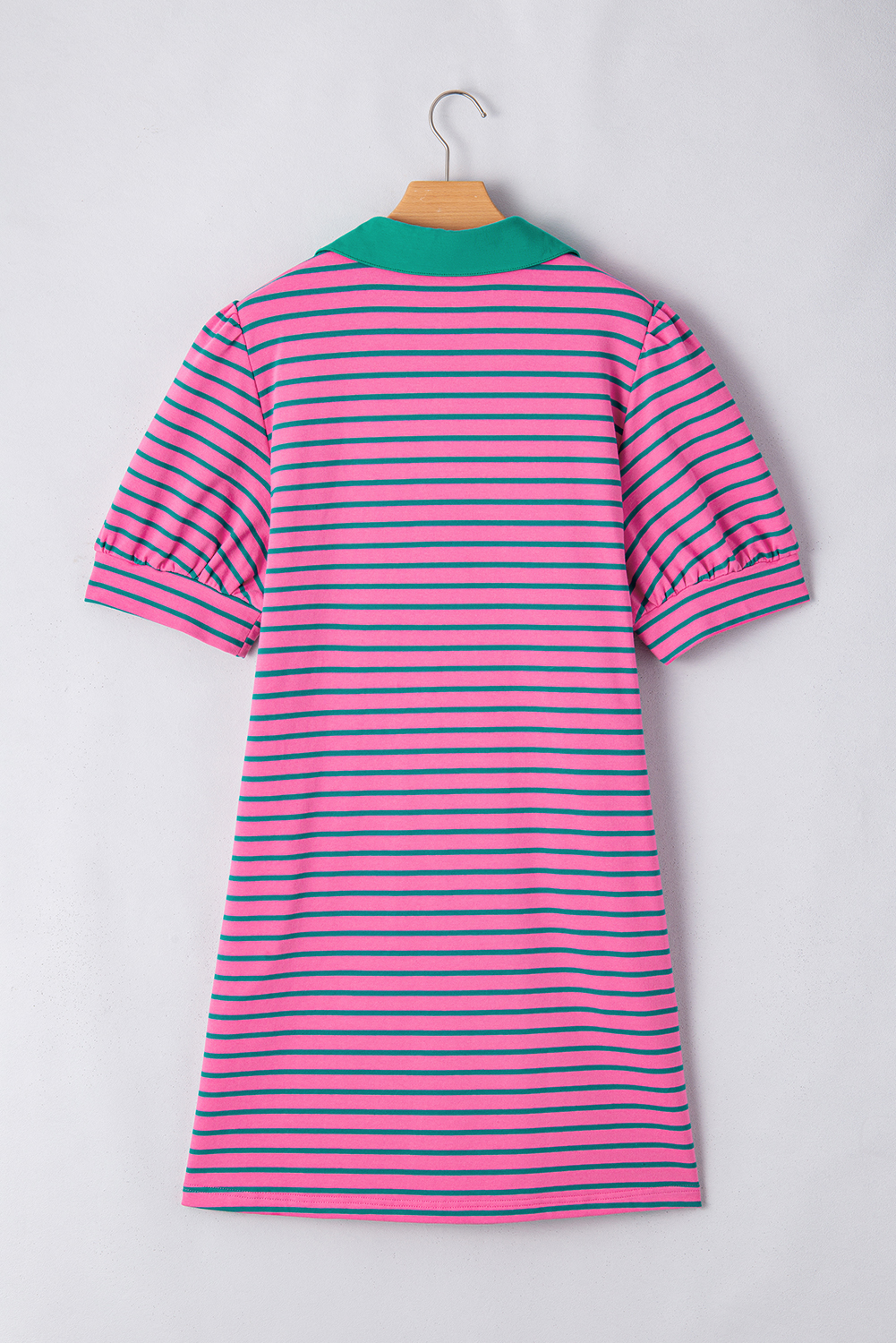 Pink Stripe Collared V Neck Puff Sleeve T Shirt Dress - loveforevers