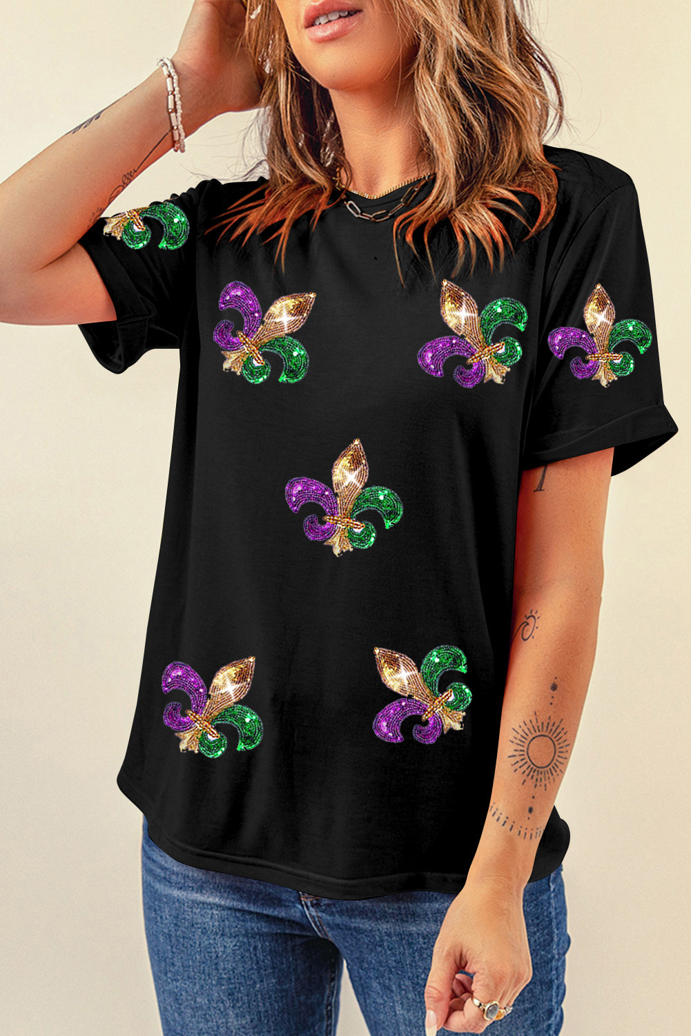 Black Mardi Gras Symbol Patched Crewneck T Shirt - loveforevers