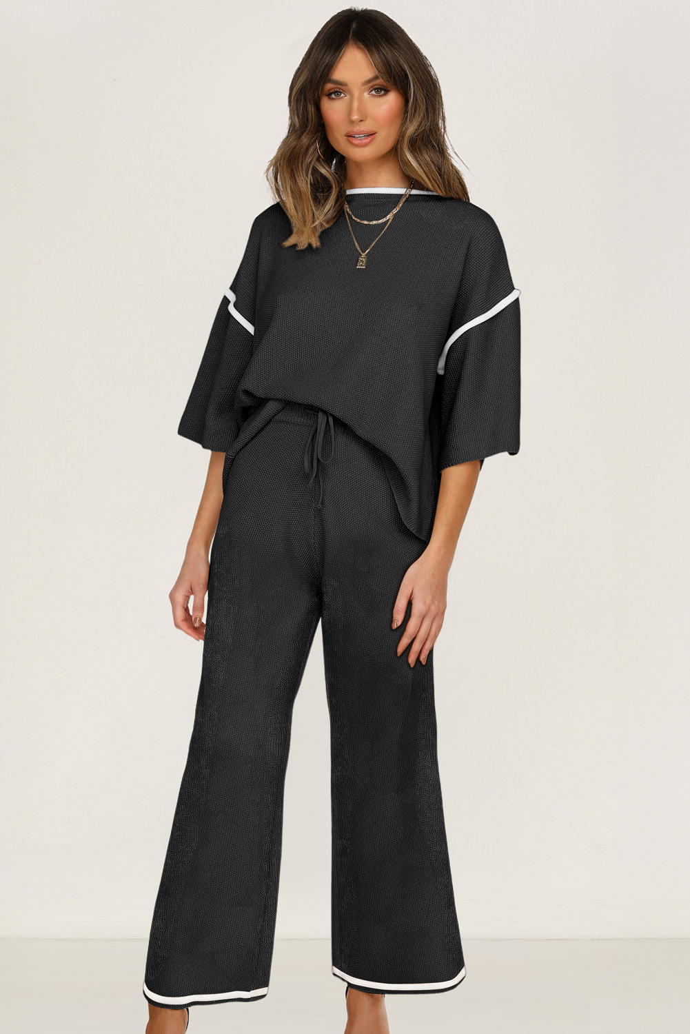 Blackish Green Contrast Trim Half Sleeve Top Drawstring Pants Loose 2pcs Sweater Suit - loveforevers