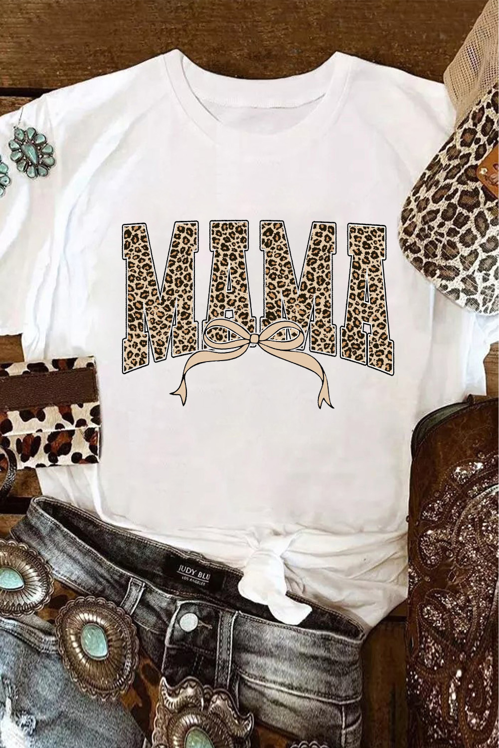 White Leopard Bow MAMA Graphic Crew Neck T Shirt - loveforevers