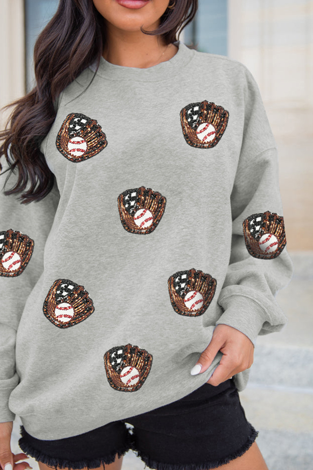 Gray Sequin Baseball Patched Casual Sweatshirt - loveforevers