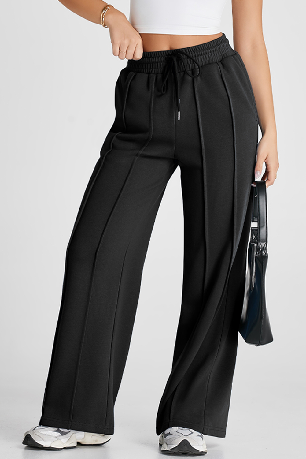 Black Seamed Drawstring High Waist Wide Leg Sweatpants - loveforevers