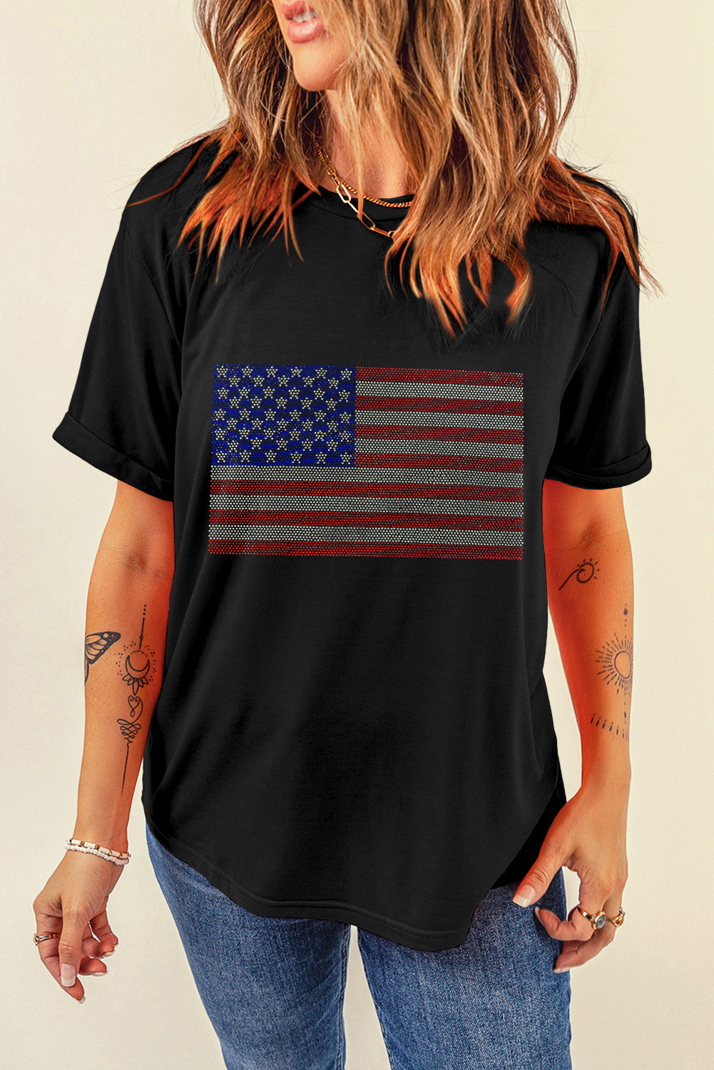 Black Rhinestone American Flag Round Neck Casual Tee - loveforevers