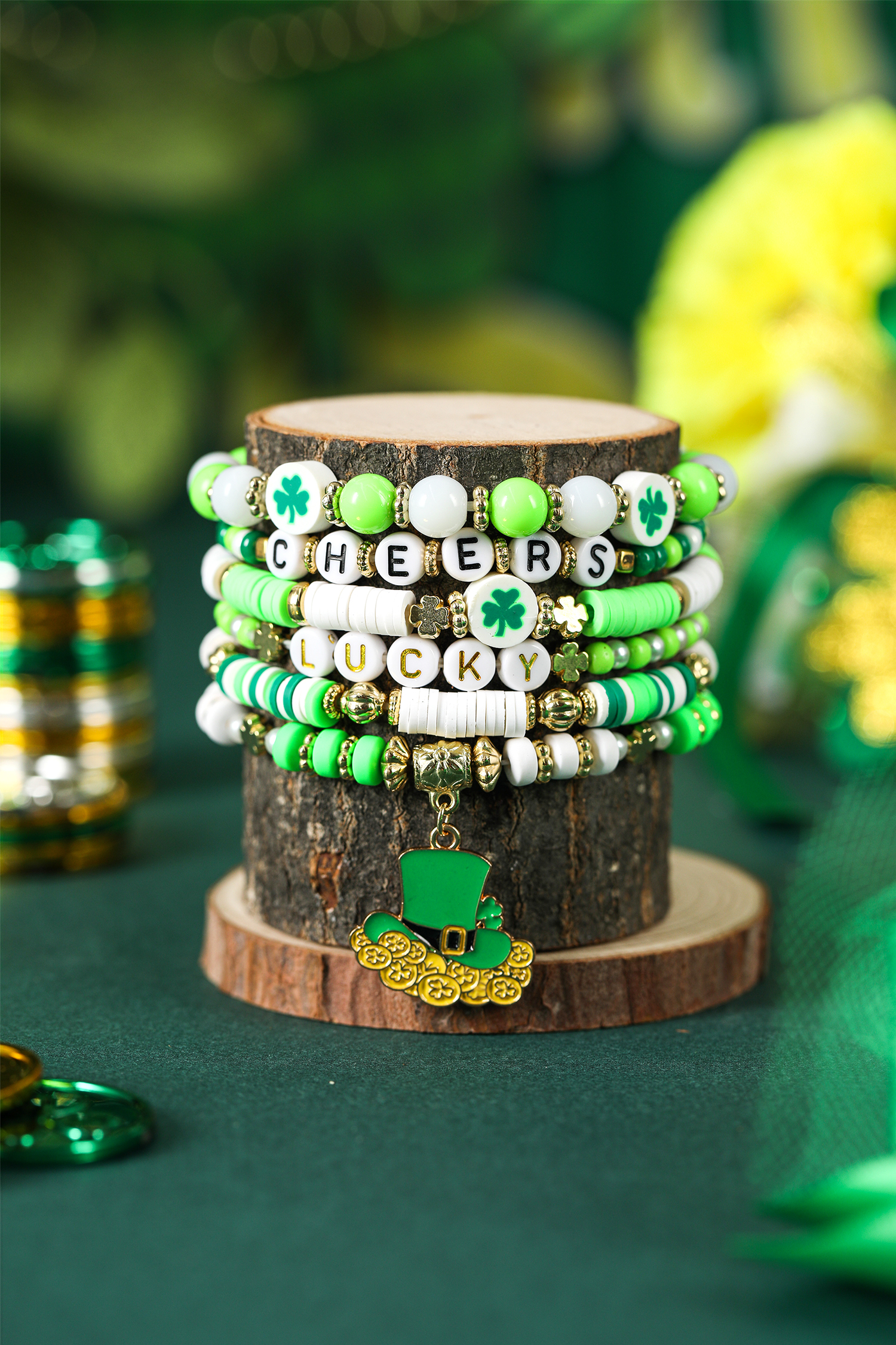 Green LUCKY CHEERS St Patricks Day Multilayered 6pcs Bracelet Set - loveforevers