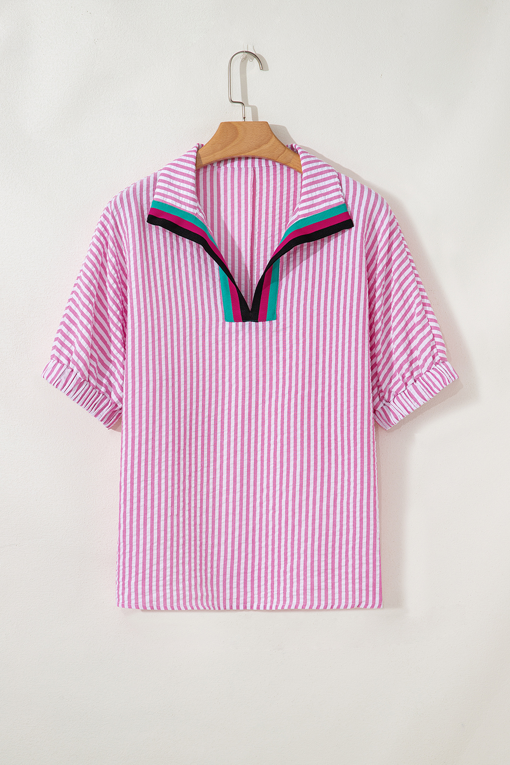 Sachet Pink Striped Print Contrast Split Neck Dolman Sleeve Blouse - loveforevers