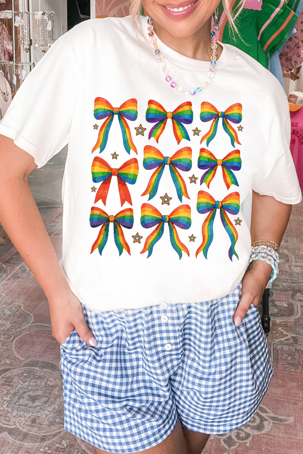 White Pride Bow Starry Print Cotton Blend T Shirt - loveforevers
