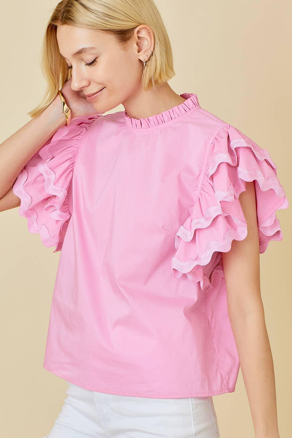 Bonbon Ricrac Ruffled Sleeve Frilled Collar Blouse - loveforevers