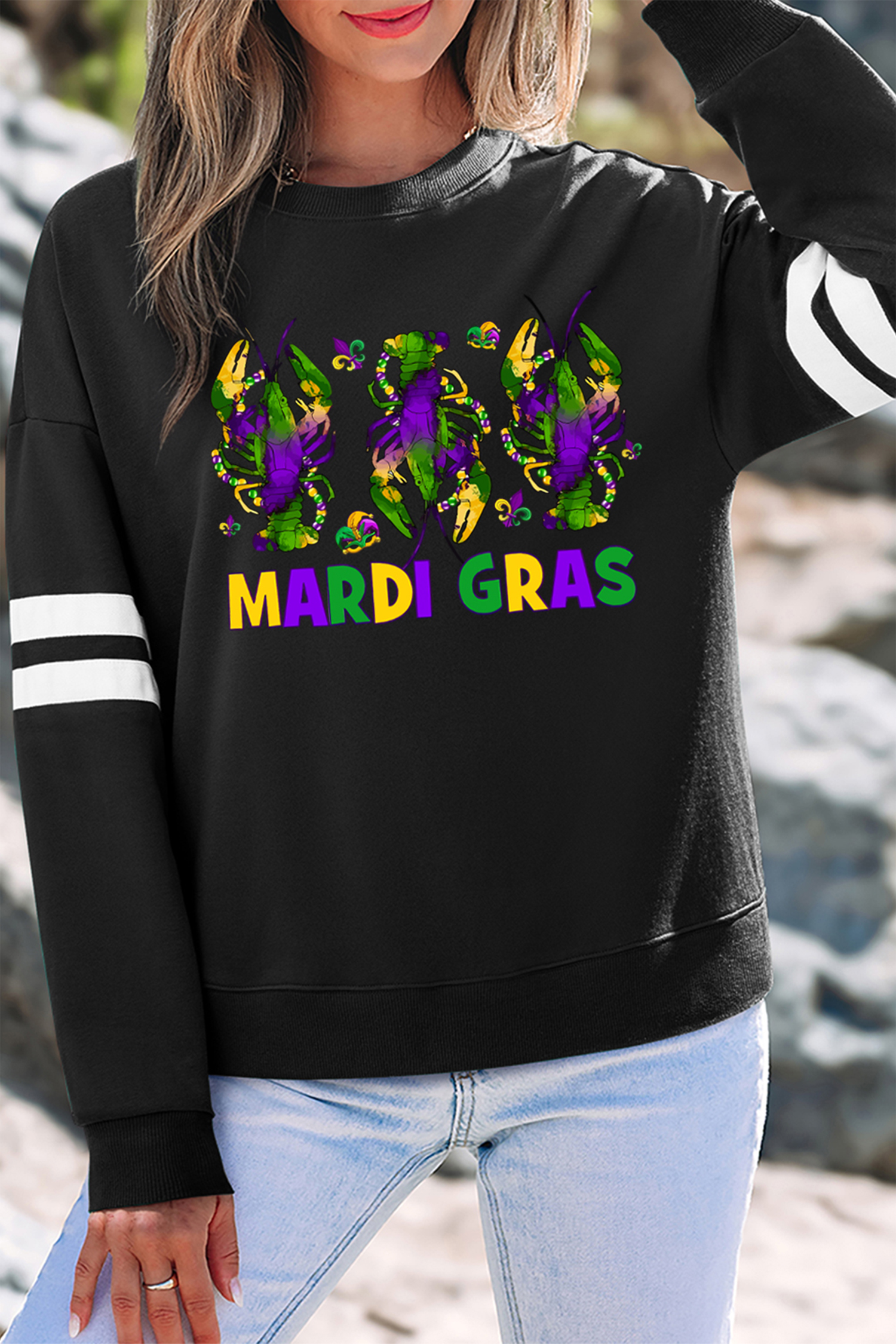 Black Sequin Mardi Crown Dropped Shoulder Varsity Sweatshirt - loveforevers