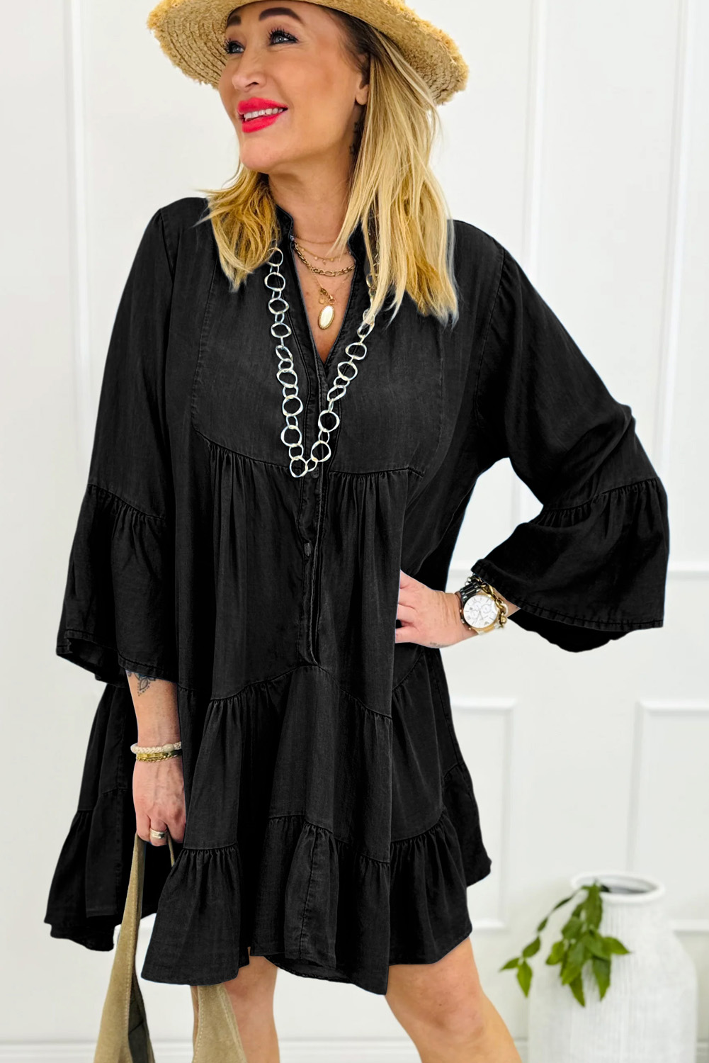 Sky Blue Chambray Ruffled 3/4 Sleeve Tiered Split V Neck Mini Dress - loveforevers