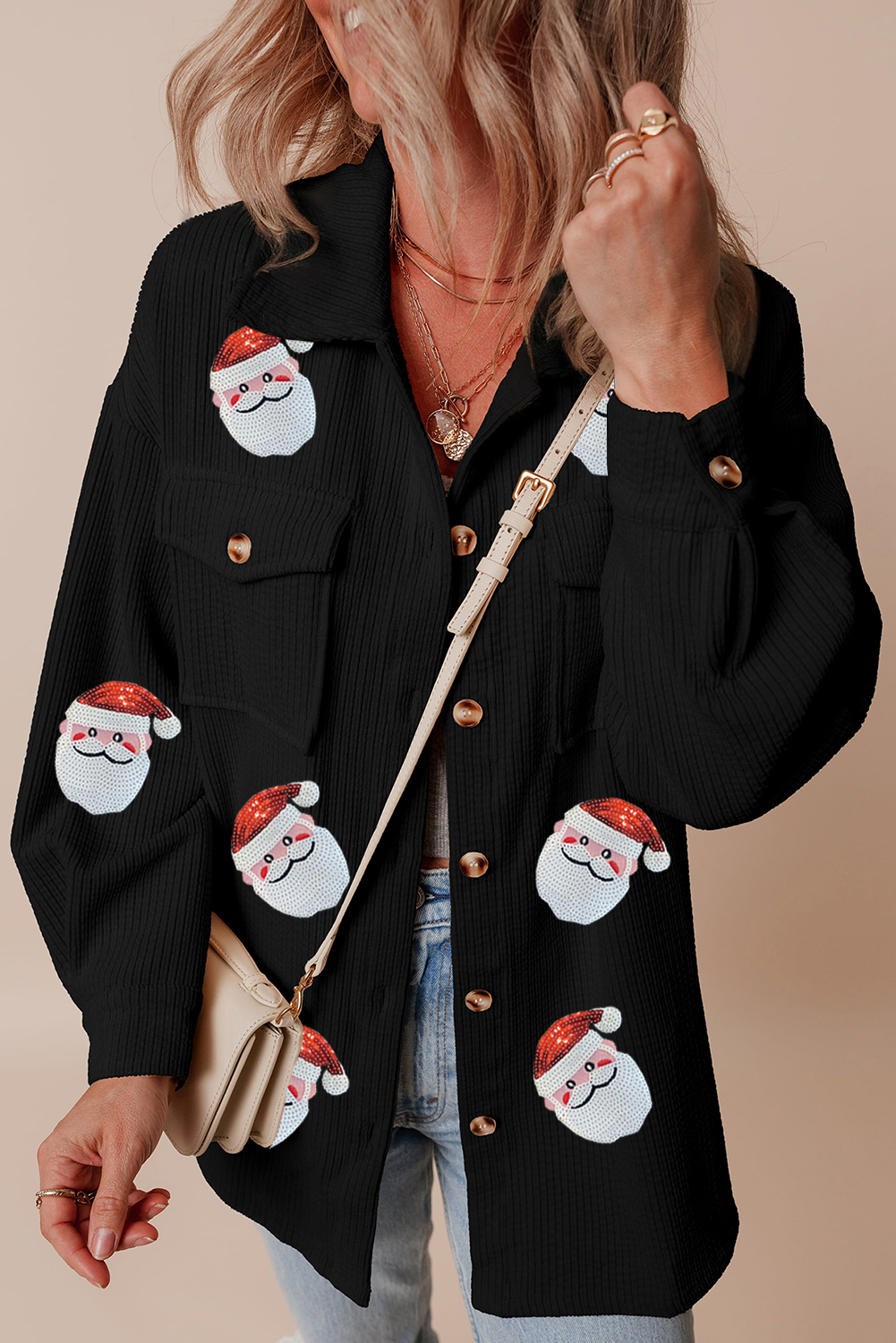Black Sequin Father Christmas Graphic Button Down Ribbed Shacket - loveforevers