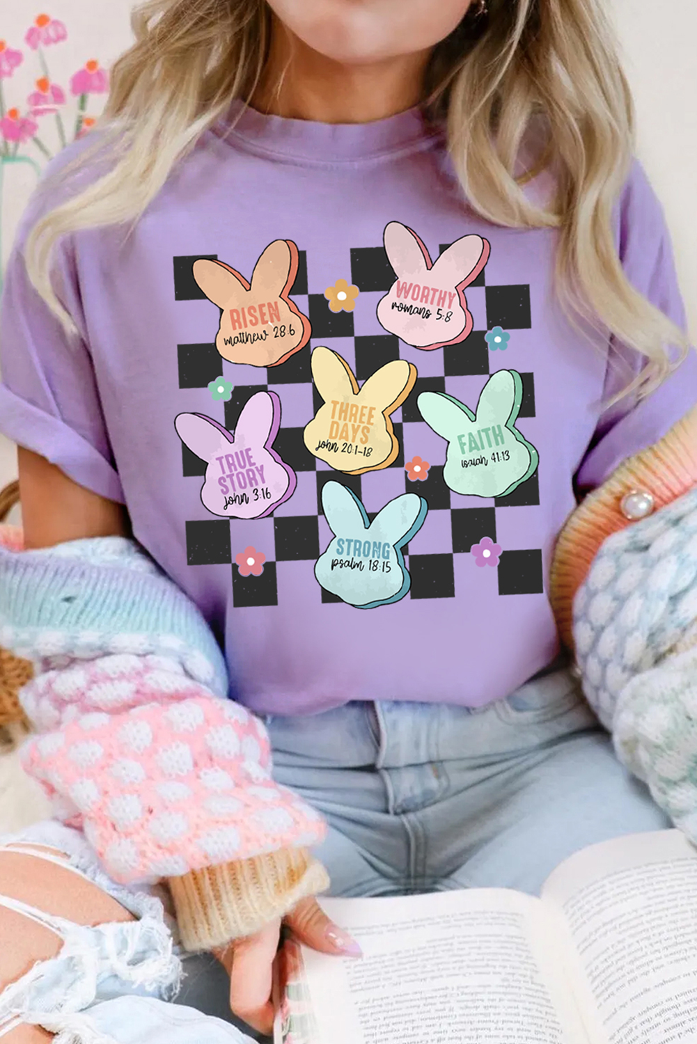 Wisteria Bunny Bible Verses Checkered Print Easter T Shirt - loveforevers
