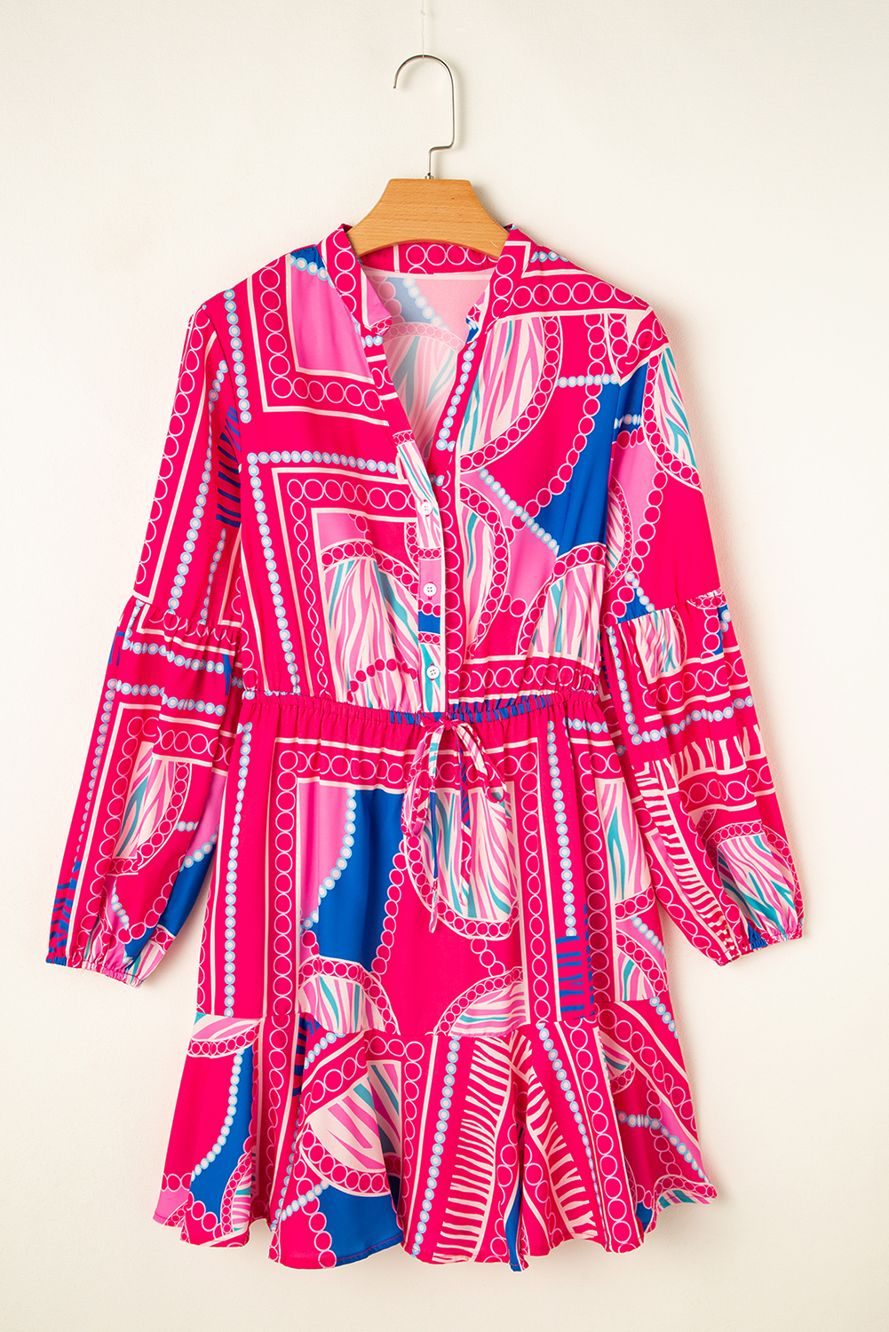 Rose Boho Abstract Printed Puff Sleeve Drawstring Waist Ruffled Mini Dress - loveforevers