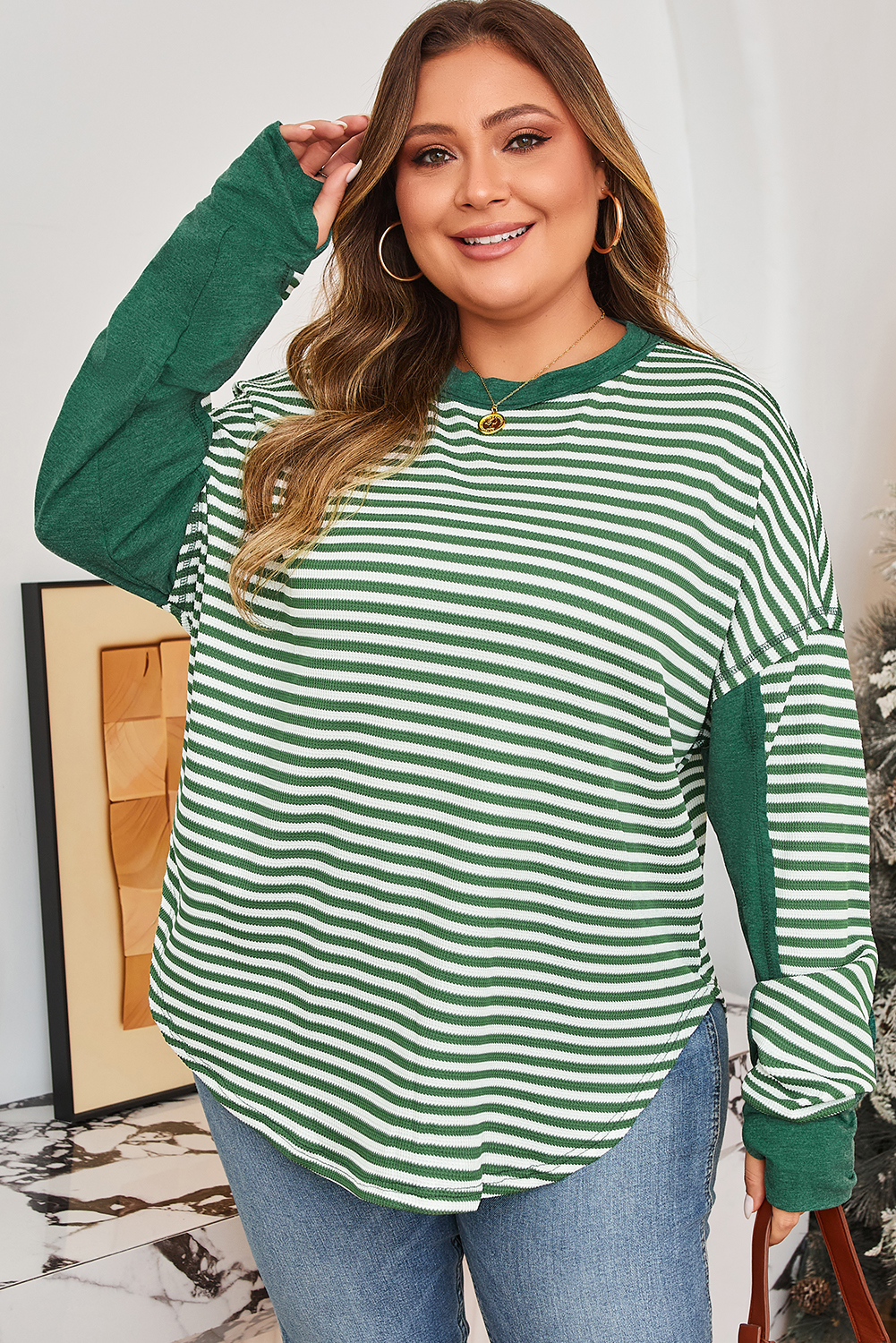 Dearlovers Green Stripe Thermal Knit Drop Shoulder Casual Top - loveforevers