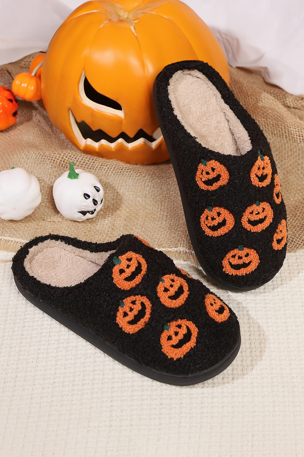 Black Halloween Pumpkin Plush Home Slippers - loveforevers