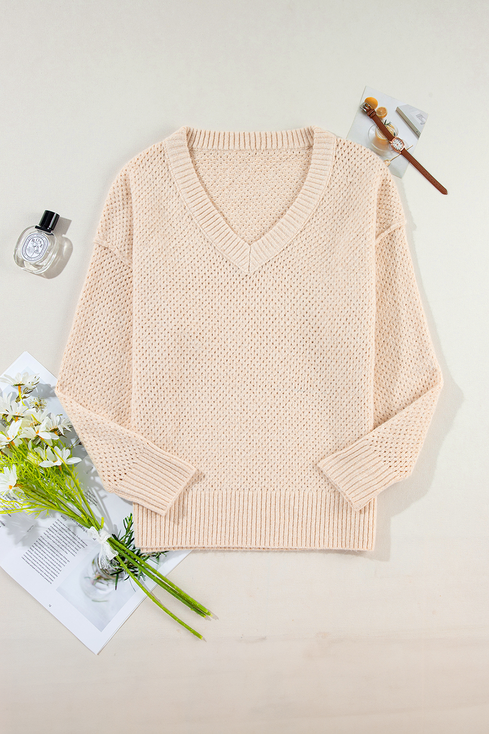 Parchment Loose Eyelet V Neck Drop Shoulder Sweater - loveforevers
