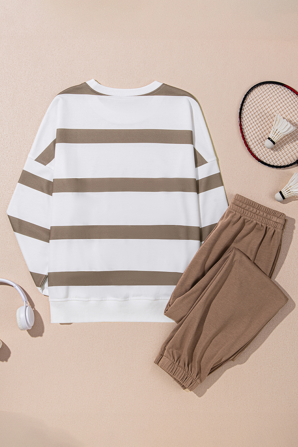 Brown Stripe Striped Drop Shoulder Pullover and Jogger Pants Set - loveforevers