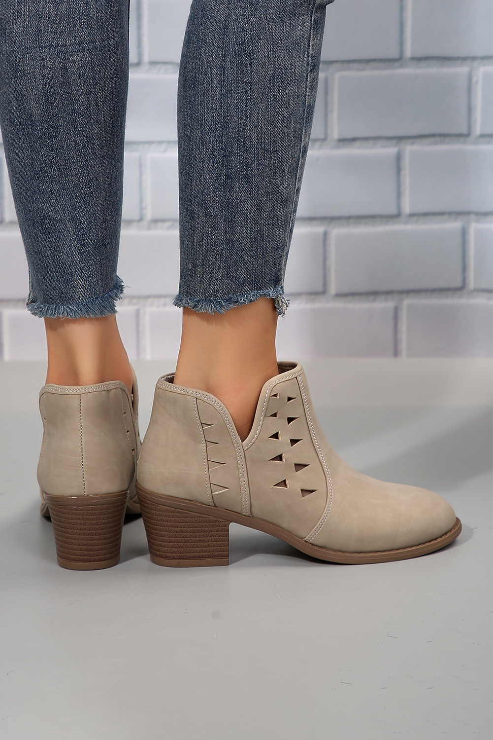 Parchment Cut Out Suede Pointed Toe Heeled Ankle Boots - loveforevers