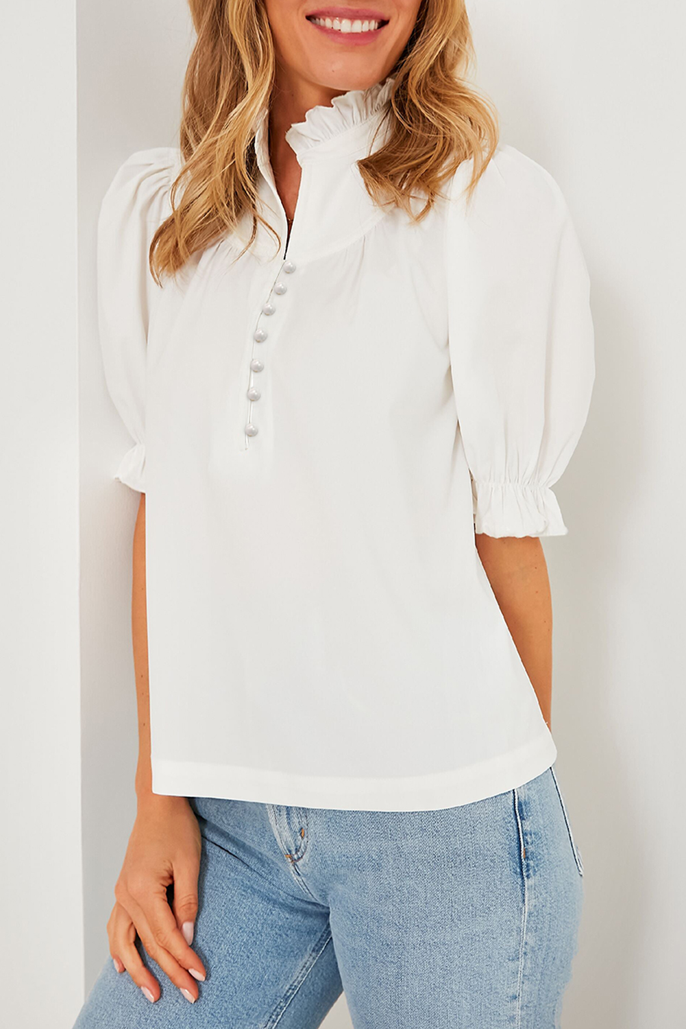 White Frilled Edge Half Button Stand Neck Bubble Sleeve Blouse - loveforevers