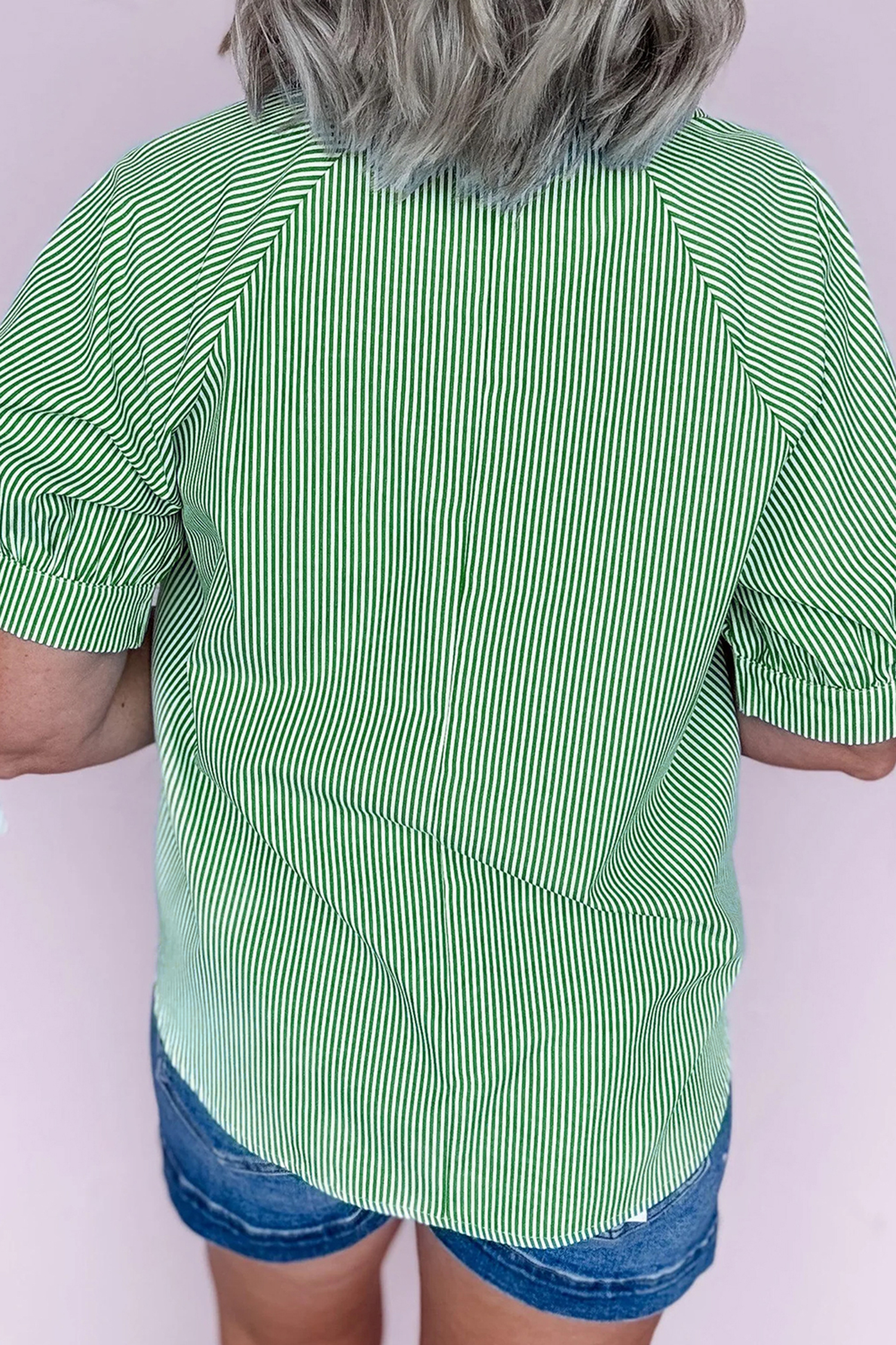 Mint Green Striped Print Collared Split Neck Half Sleeve Blouse - loveforevers