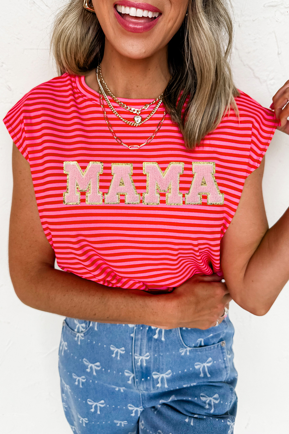 Red Stripe MAMA Graphic Cap Sleeve T Shirt - loveforevers