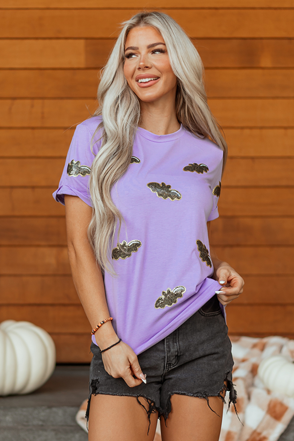 Wisteria Sequin Halloween Bat Patched Casual T Shirt - loveforevers
