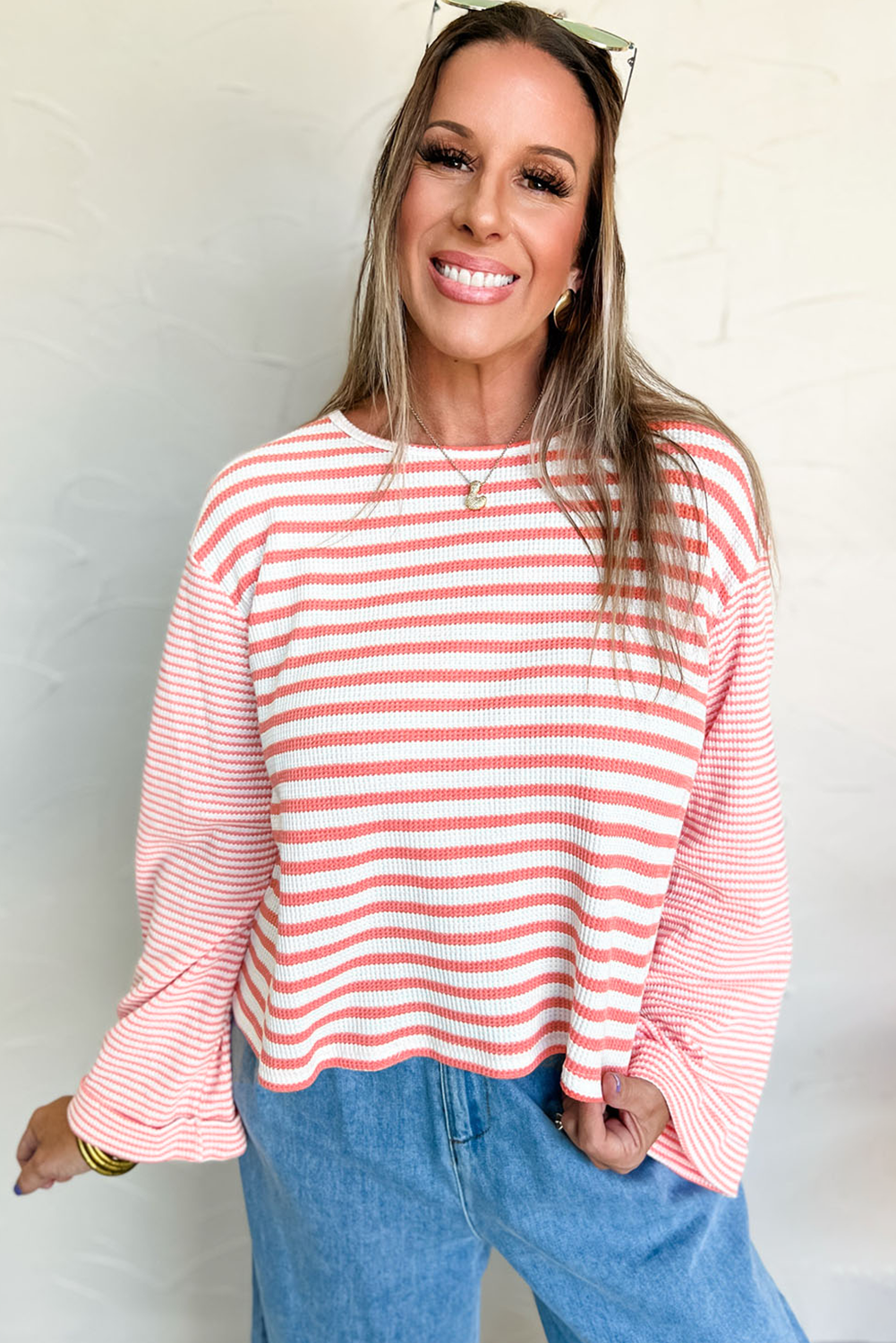 Pink Stripe Textured Contrast Dropped Long Sleeve Top - loveforevers