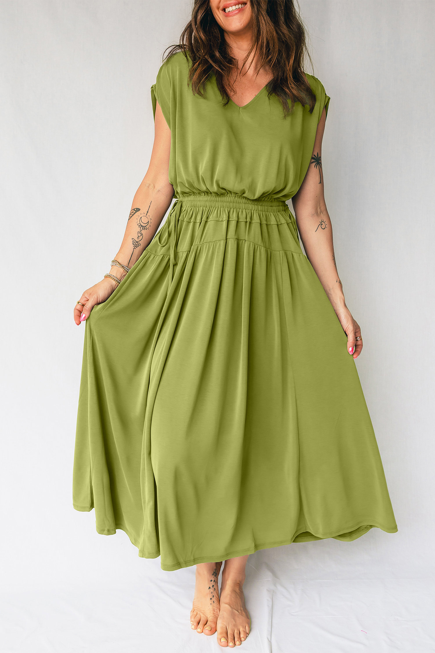 Fern Green Solid V Neck Cap Sleeve Tunic Elastic Waist Versatile Maxi Dress - loveforevers