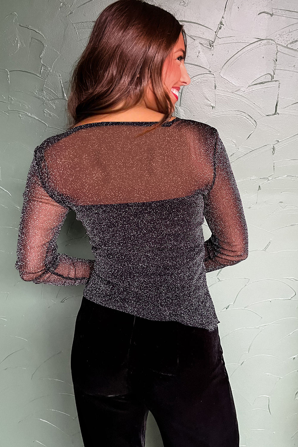 Black Metallic Glitter Mesh Long Sleeve Top - loveforevers