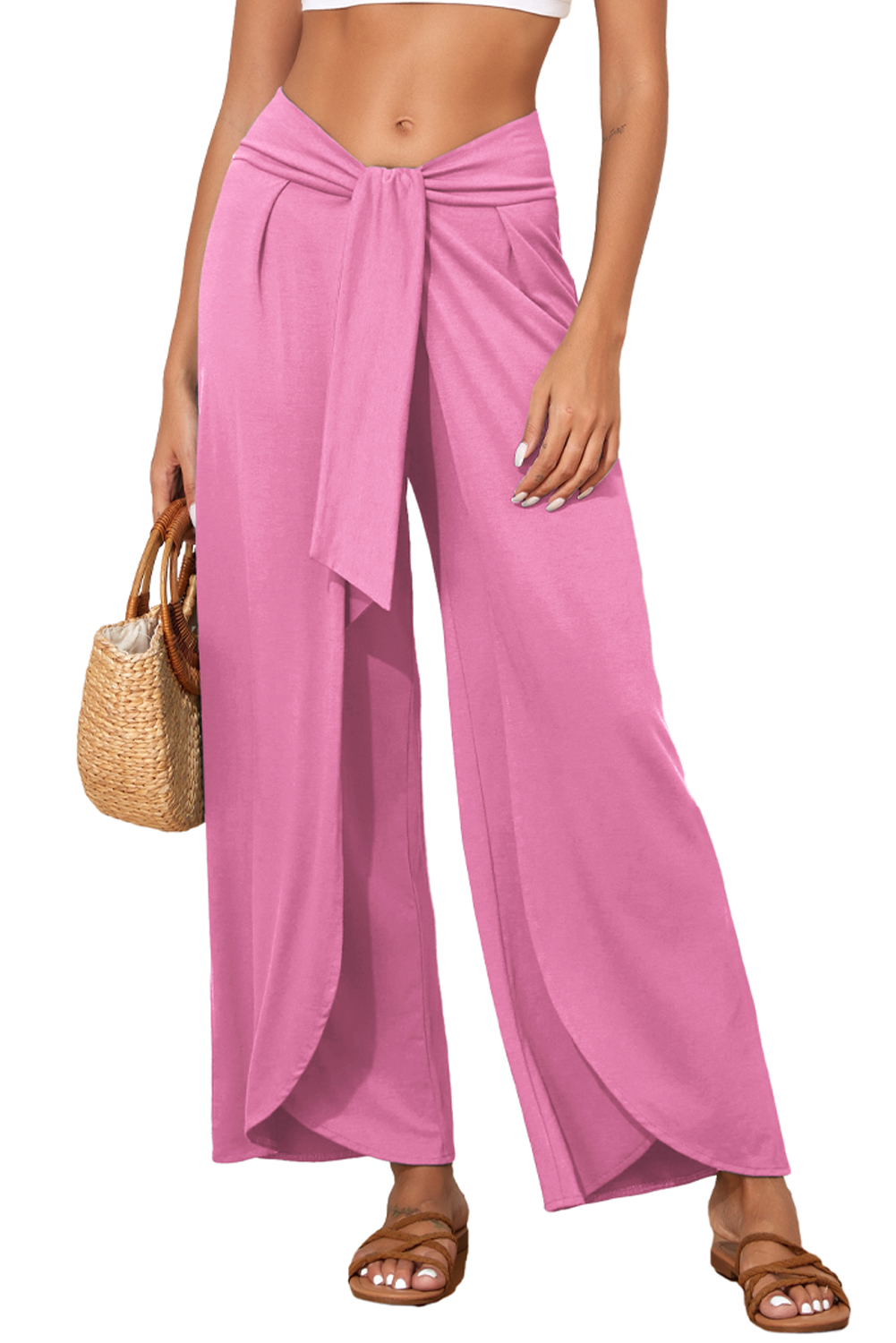 Medium Grey Knotted Drop Waist Split Leg Relaxed Pants - loveforevers