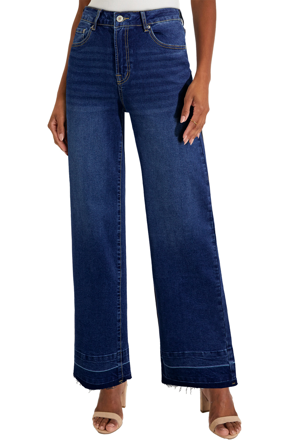 Real Teal Raw Hem Unique Cuffs Straight High Rise Loose Jeans - loveforevers