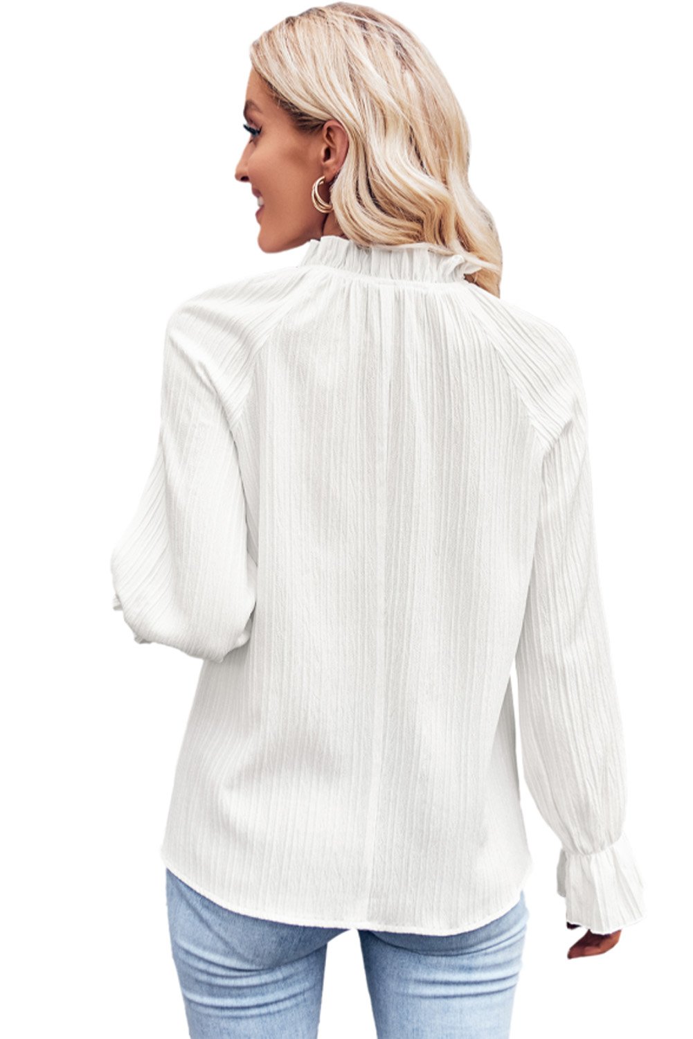 White Frilled Mock Neck Ripple Bubble Sleeve Blouse - loveforevers