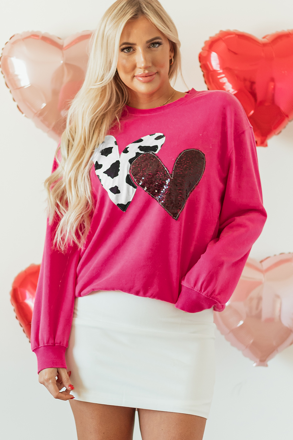 Strawberry Pink Cow & Sequin Double Heart Patch Graphic Sweatshirt - loveforevers