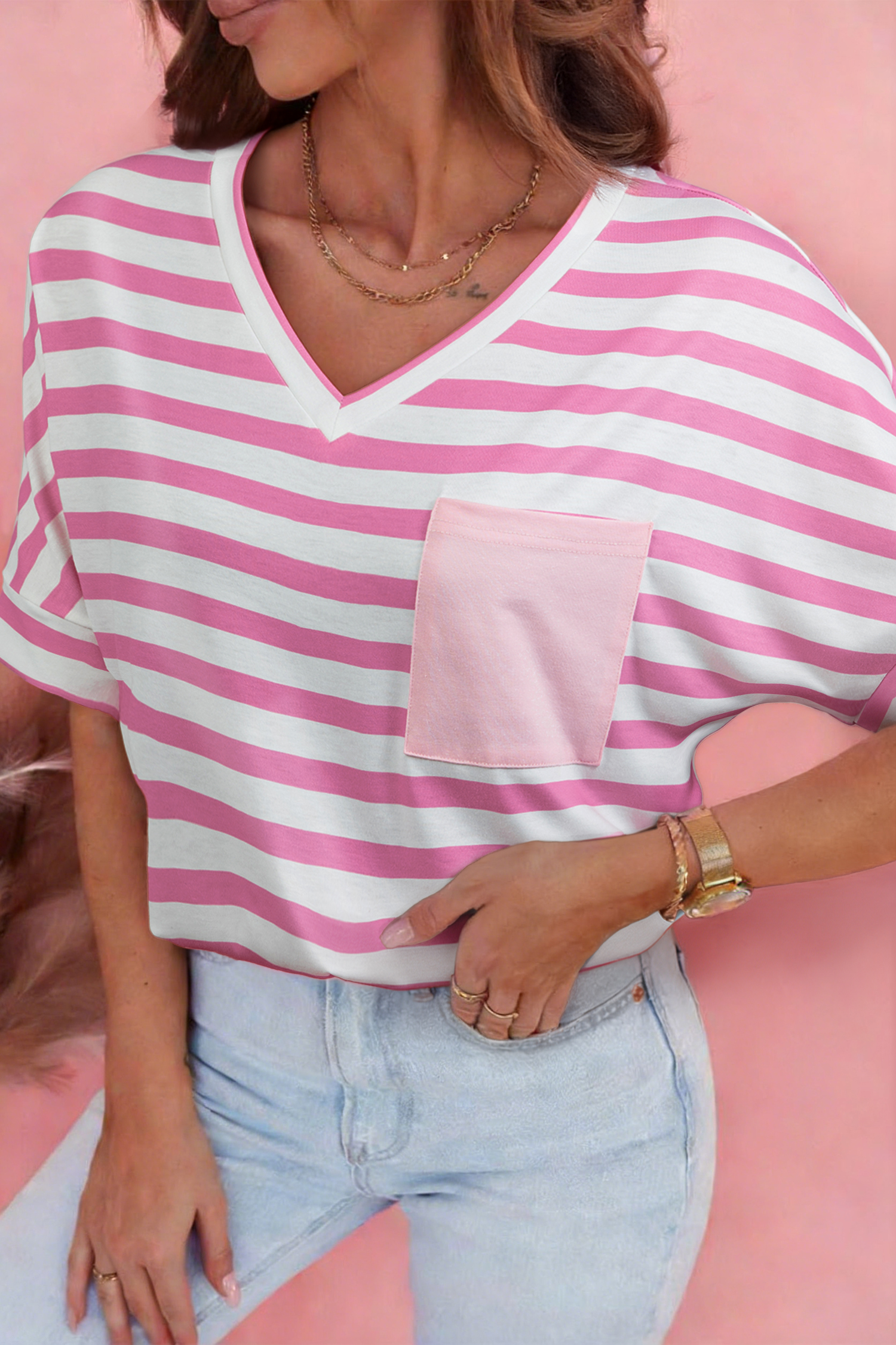 Sky Blue Stripe V Neck Patched Pocket Casual T Shirt - loveforevers