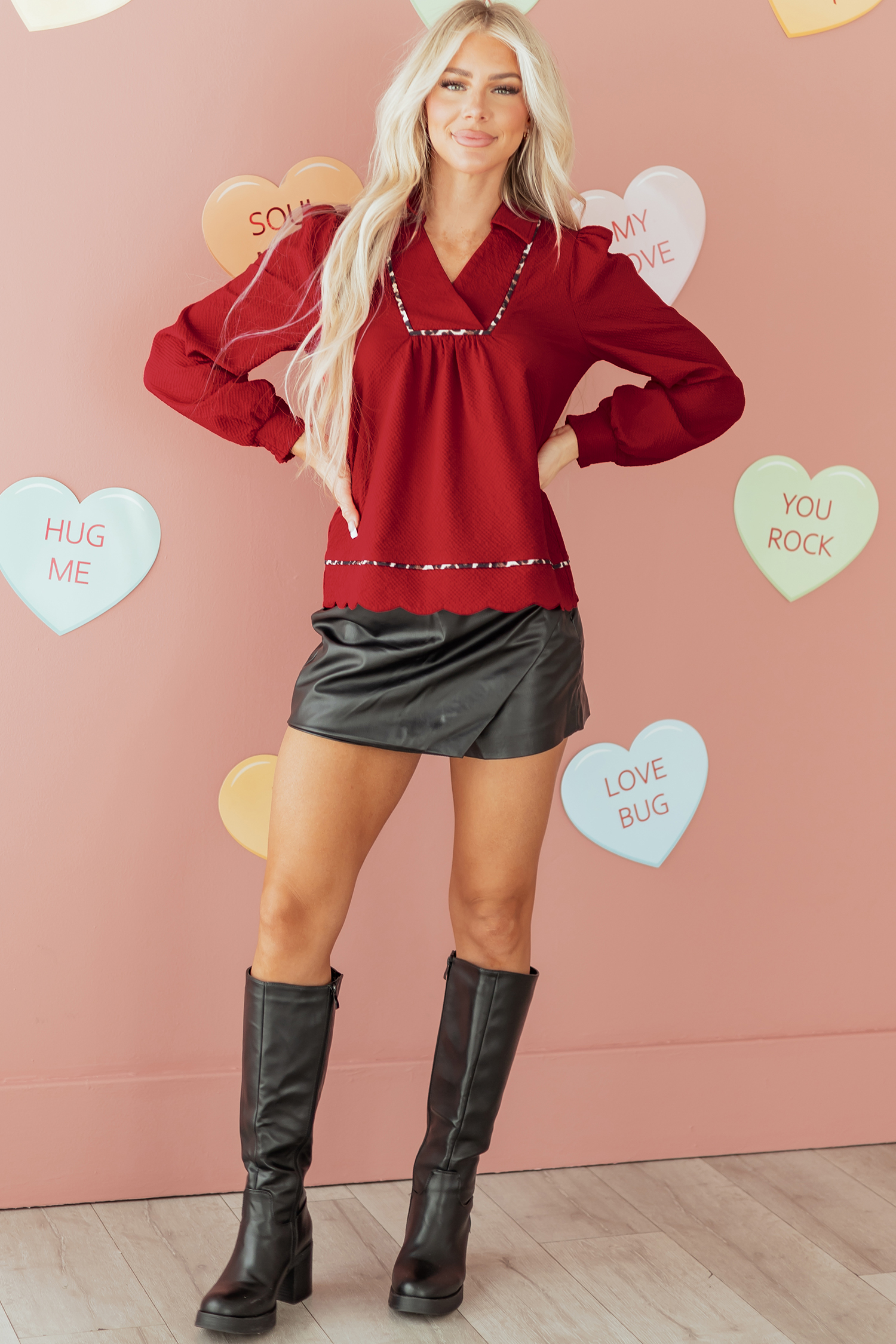 Fiery Red Textured V Neck Leopard Contrasted Trim Long Sleeve Shift Mini Dress - loveforevers