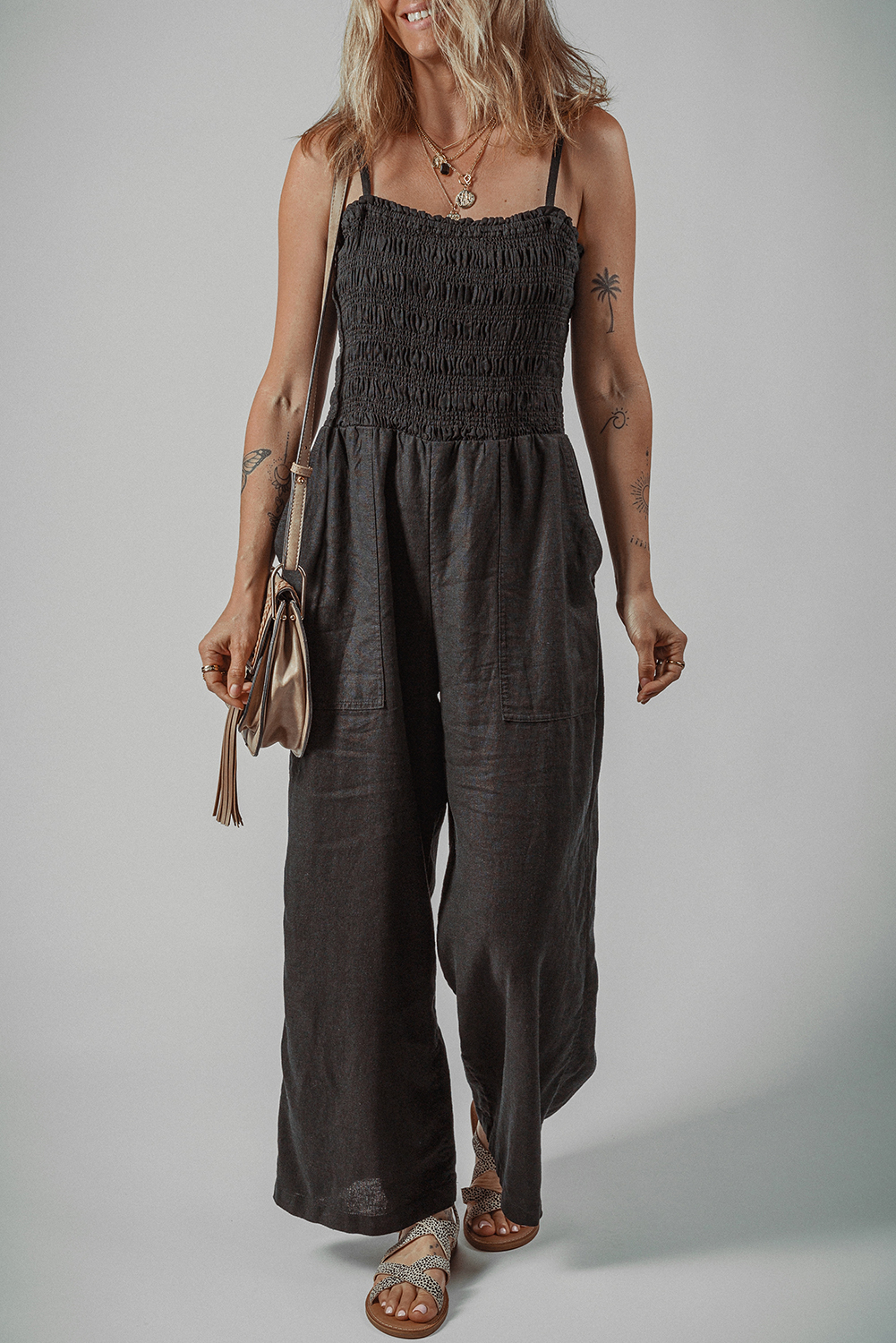 Black Spaghetti Straps Shirred Bodice Pocketed Wide Leg Jumpsuit - loveforevers