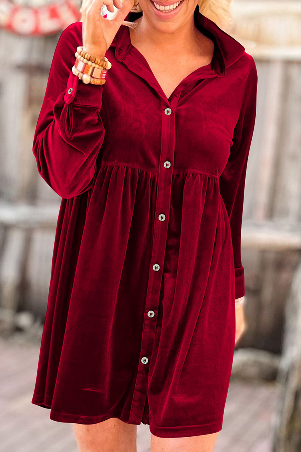 Fiery Red Long Sleeve Ruffle Velvet Button Up Dress - loveforevers