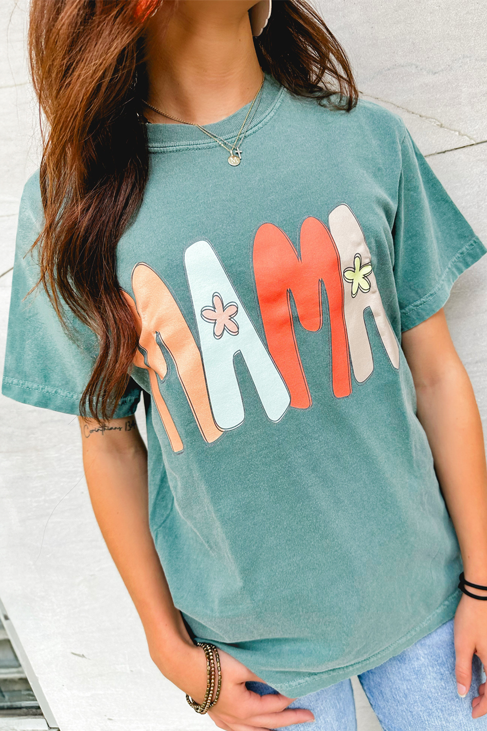 Sea Green MAMA Printed Mineral Wash Crewneck T Shirt - loveforevers
