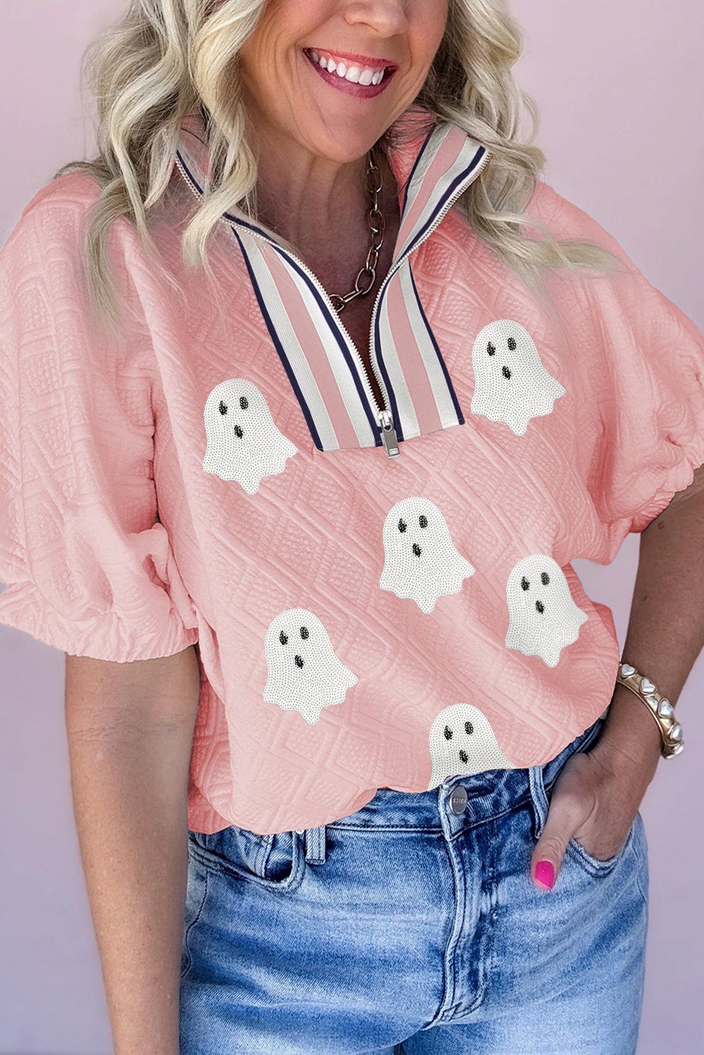 Wisteria Glitter Trim Chenille Ghost Patched Halloween Graphic Tee - loveforevers