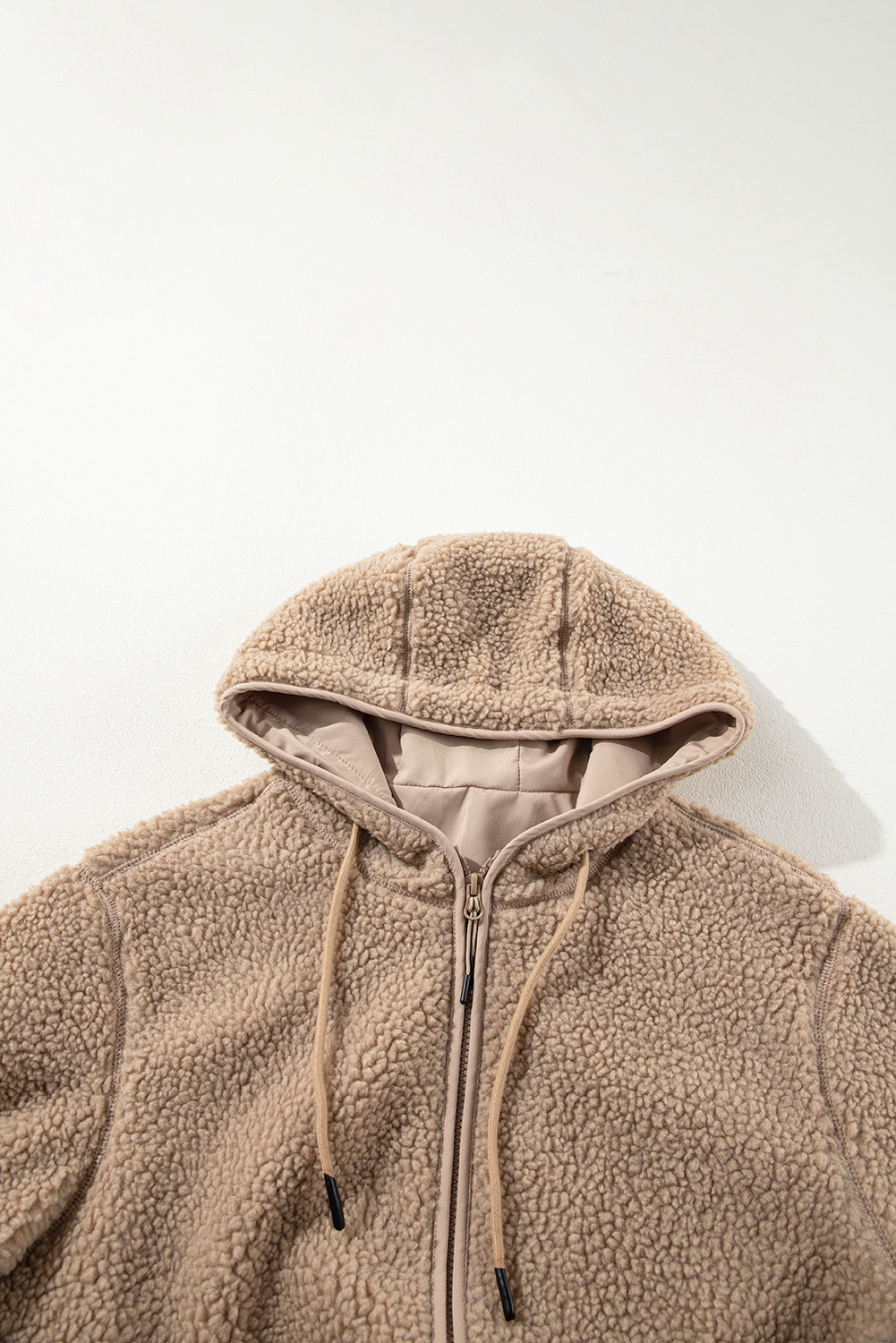 Pale Khaki Fleece Zip Up Drawstring Hooded Pocketed Jacket - loveforevers