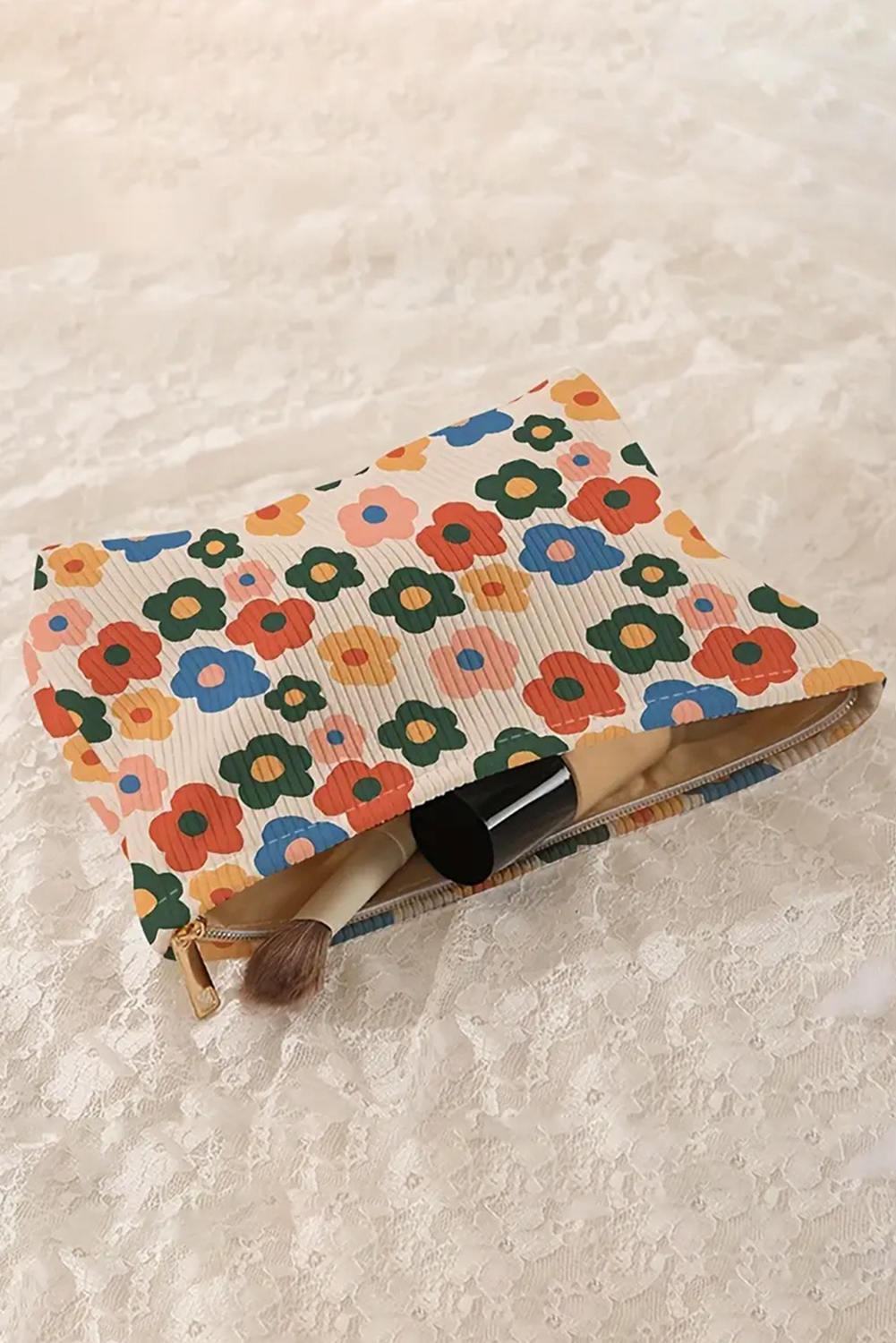 Red Flower Printed Rib Textured Cosmetic Bag - loveforevers