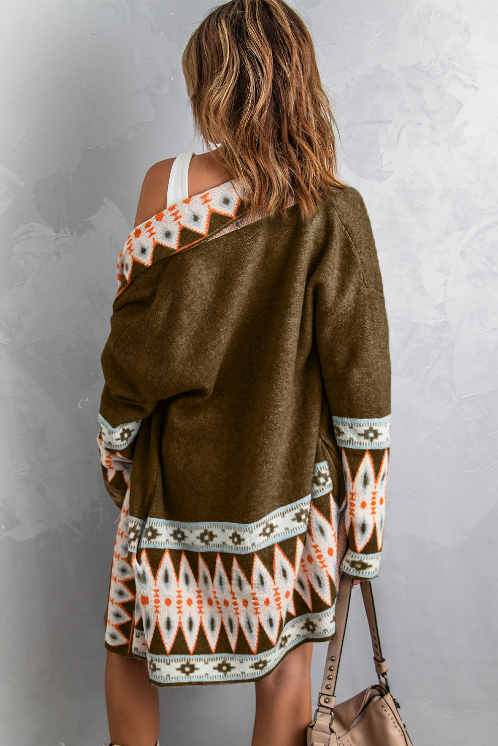 Brown Aztec Print Open Front Knitted Cardigan - loveforevers